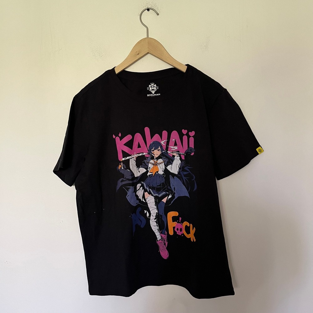 Bosuman Kawaii As F*ck Anime Katana Girl Graphic T-Shirt Black Mens Large